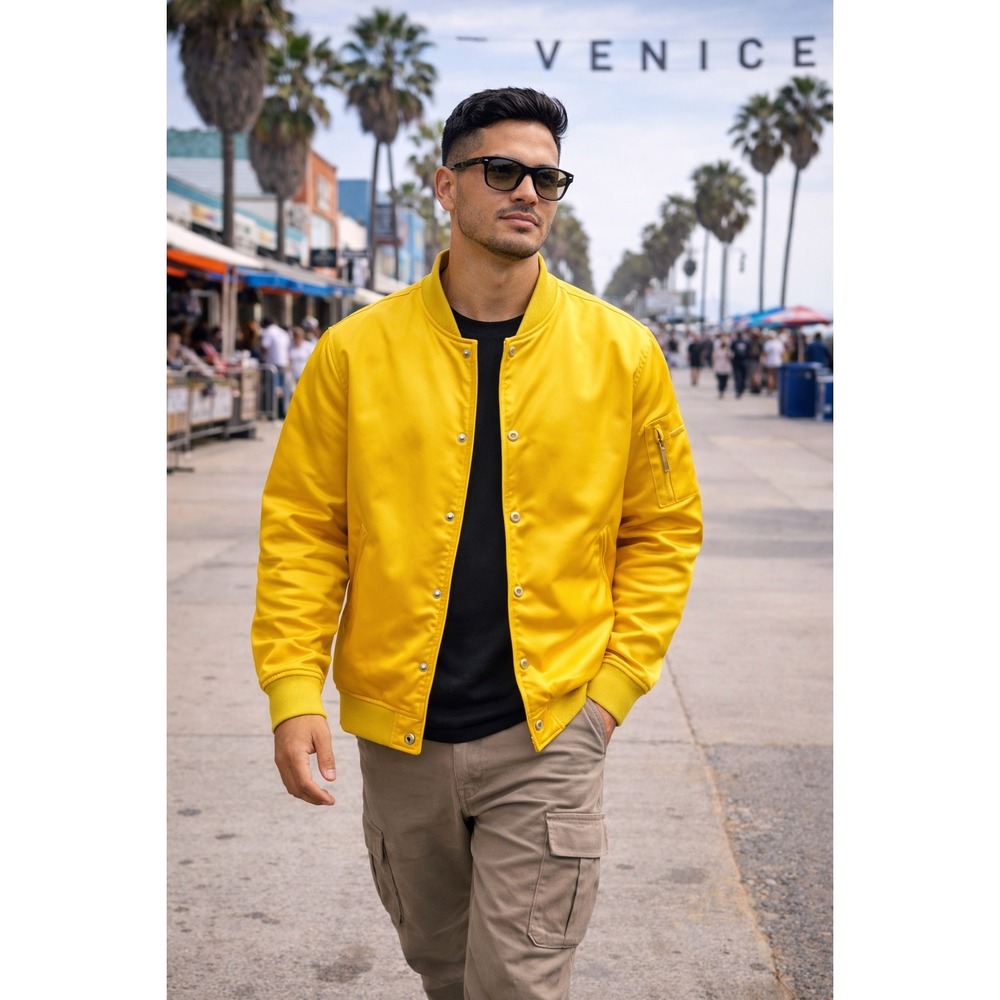 Acne‎ Studios Bomber Jacket Yellow Satin Snap Button Mens Size Medium